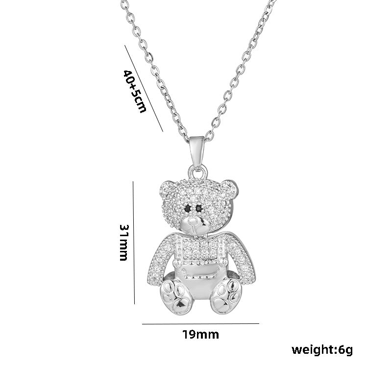 Collar con colgante de oso minimalista de lujo para mujer en acero de titanio con incrustaciones de diamantes de imitación en cadena tipo O