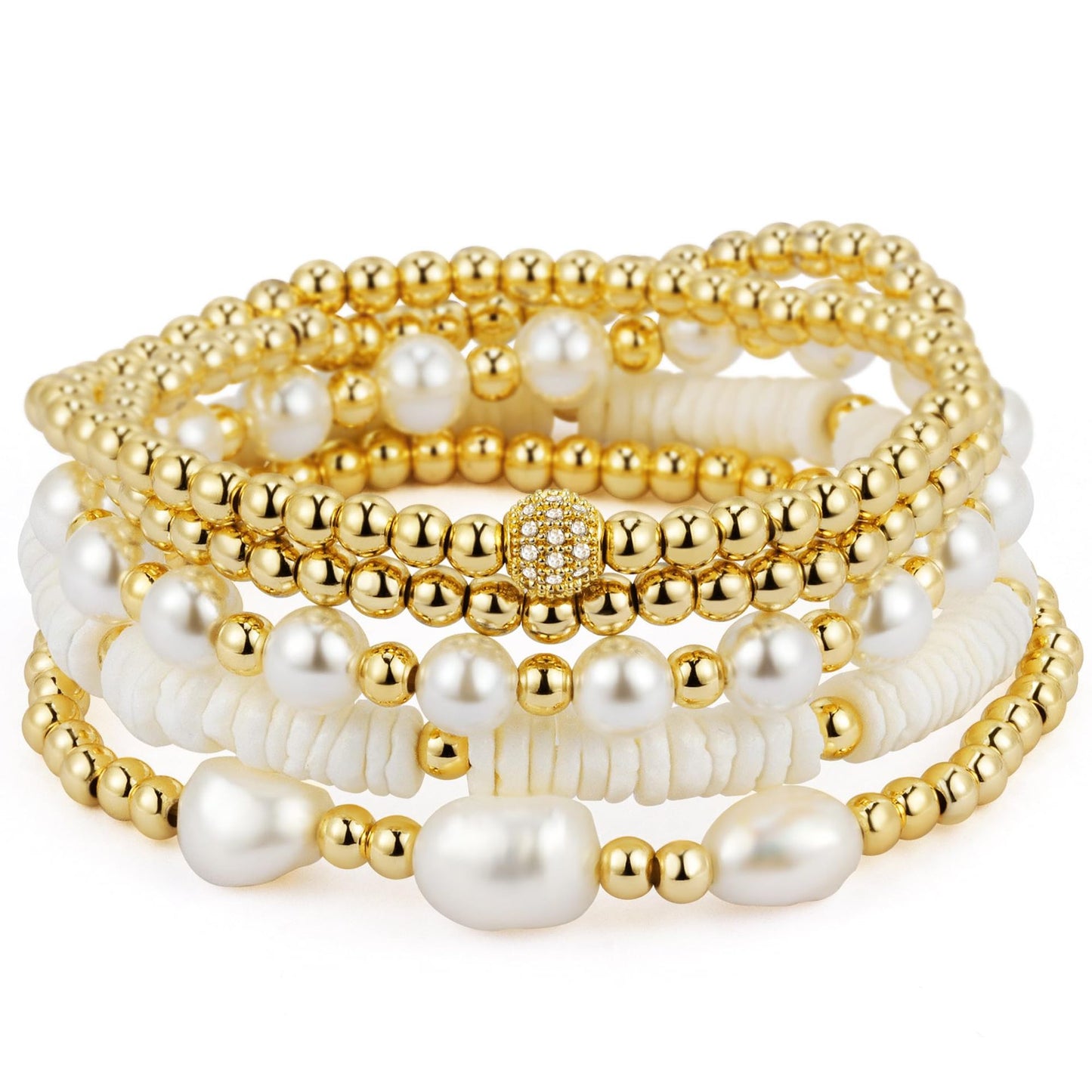Elegant Gold Plated Hematite Elastic Bracelet with Baroque Imitation Pearls Geometric Multi-Layer Design for Women