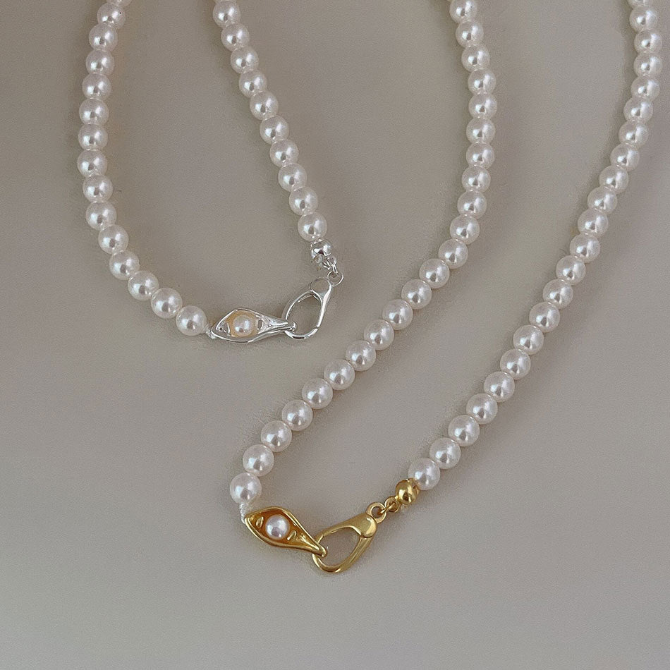 Minimalist French Style Round Pearl Pendant Necklace in 925 Sterling Silver with Rhinestone Accents