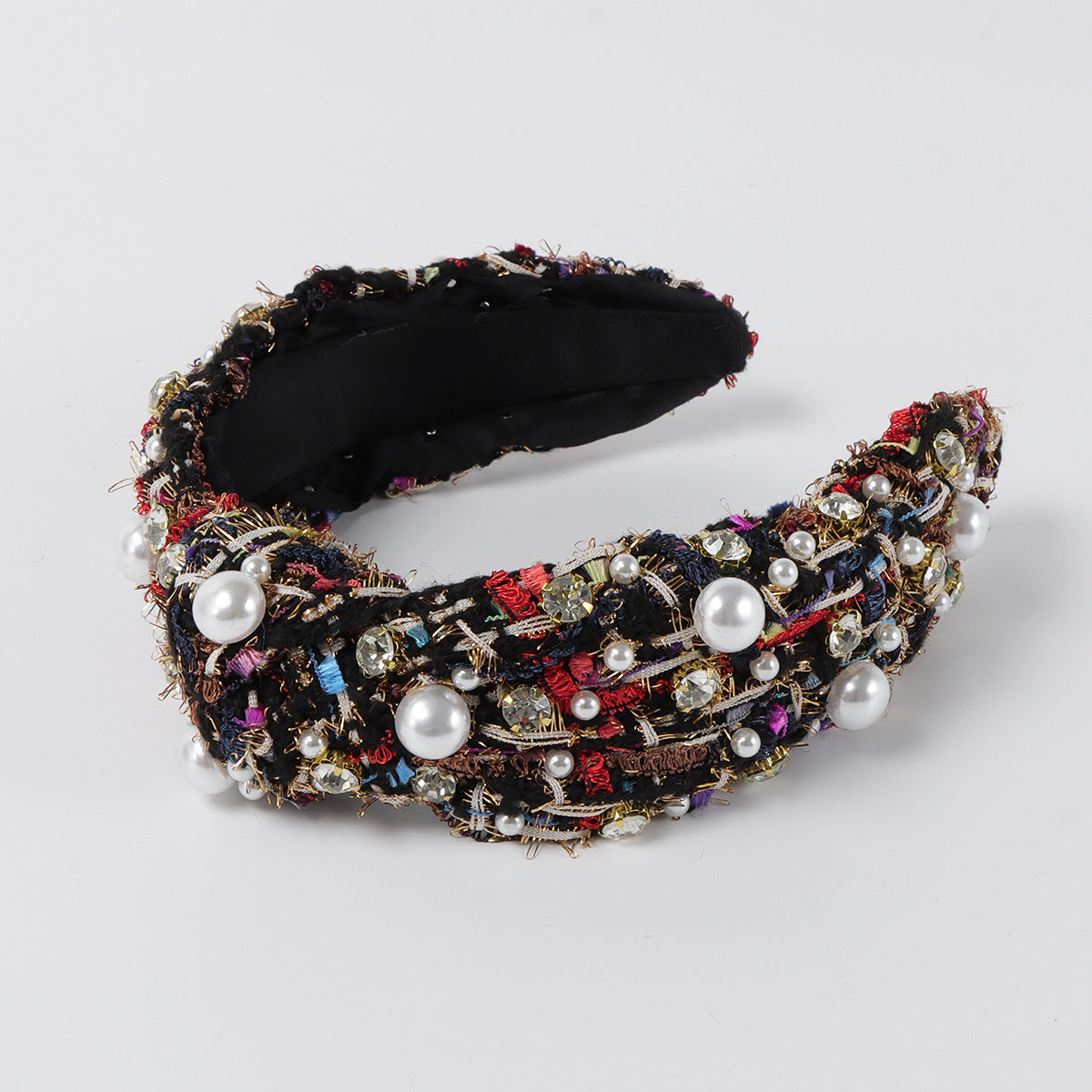 Cerchietto in Tessuto Dolce-Audace con Strass e Impreziosimenti in Perle Sintetiche, Design a Linee Geometriche, Fascia Larga con Nodo, Accessorio per Capelli da Donna