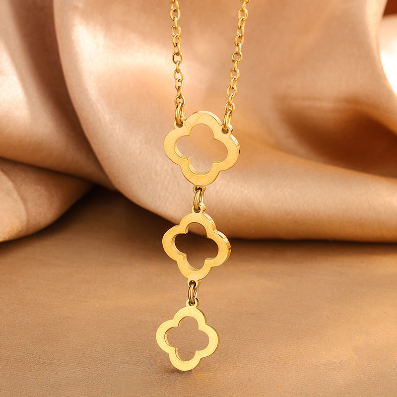 Elegant Hollow Four-Leaf Clover Stainless Steel Plated Necklace Bracelet Earring Set for Women
