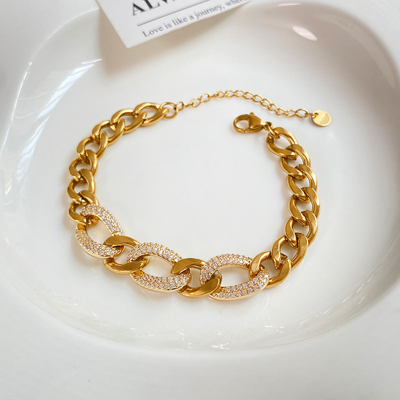 Rhinstone Inlaid Titanium Steel Cuban Link Chain Bracelet