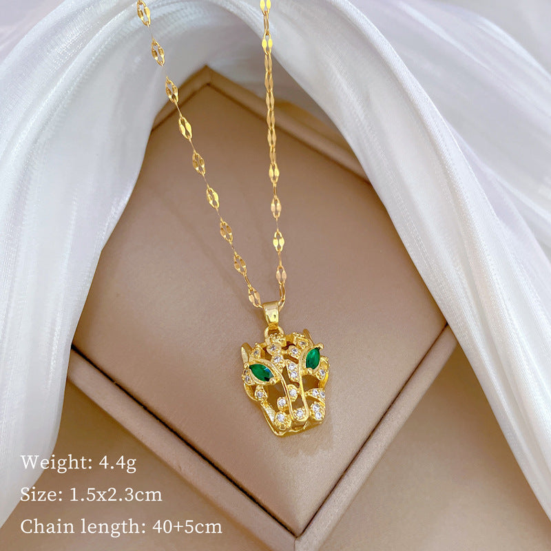Minimalist Geometric Leopard Pendant Necklace and Stud Earrings Set in Titanium Steel with Zircon Inlay and Plated Finish