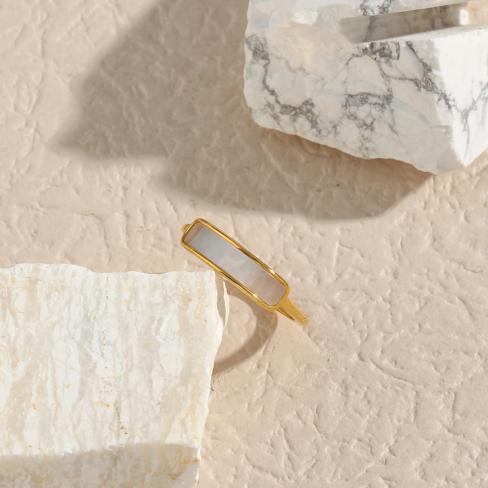 Minimalist Geometric Stainless Steel Ring with 18K Gold Plating and Natural Shell Inlay for Women