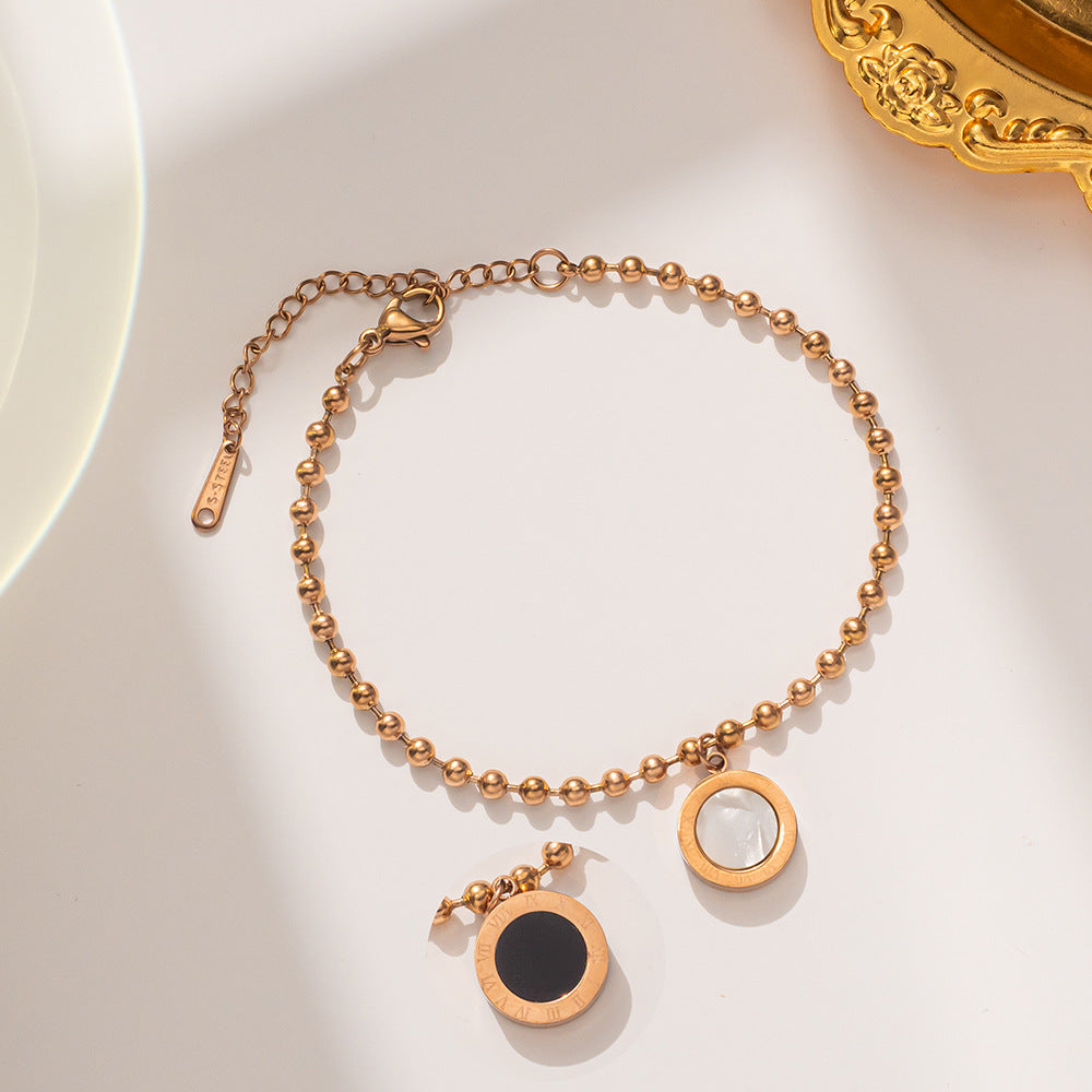Minimalist Geometric Round Pendant Titanium Steel Bracelet for Women with 18K Rose Gold Plating and Letter Accent