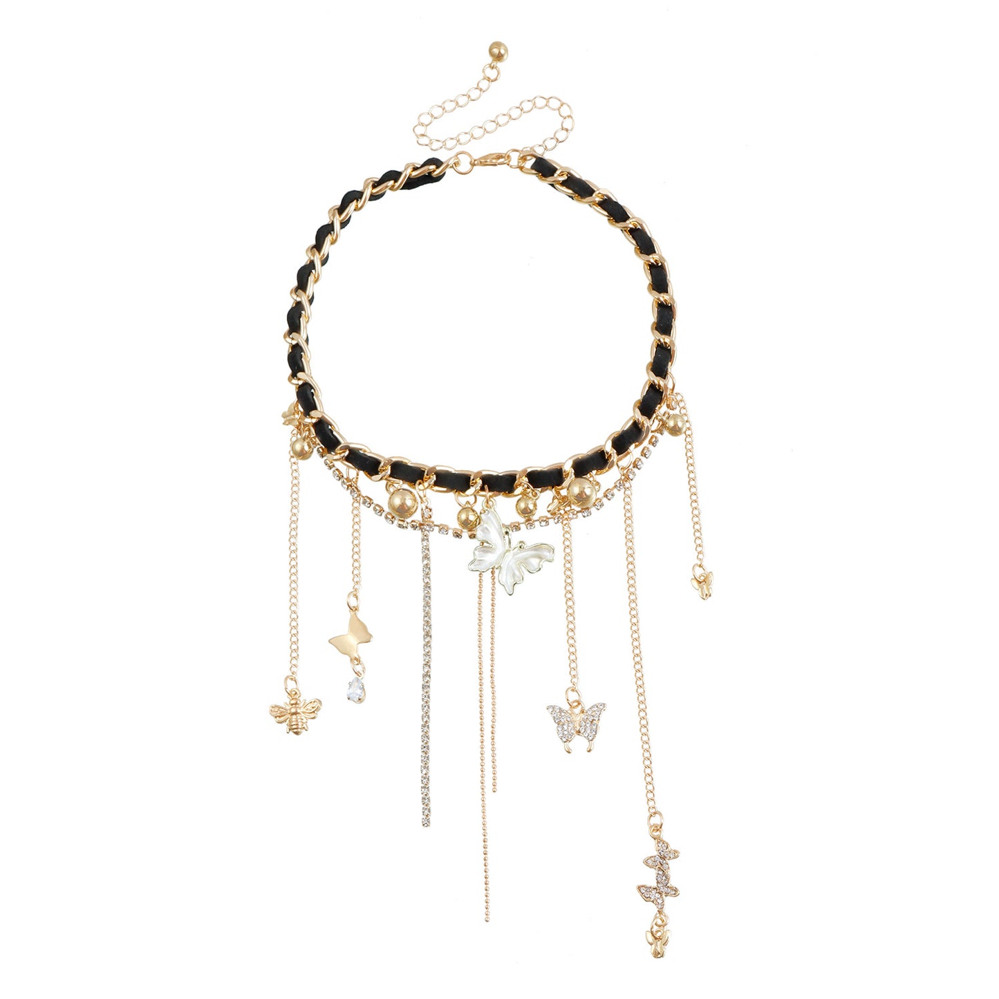 Collana da donna a croce con ciondolo a cuore e nappe chic, in lega placcata con strass
