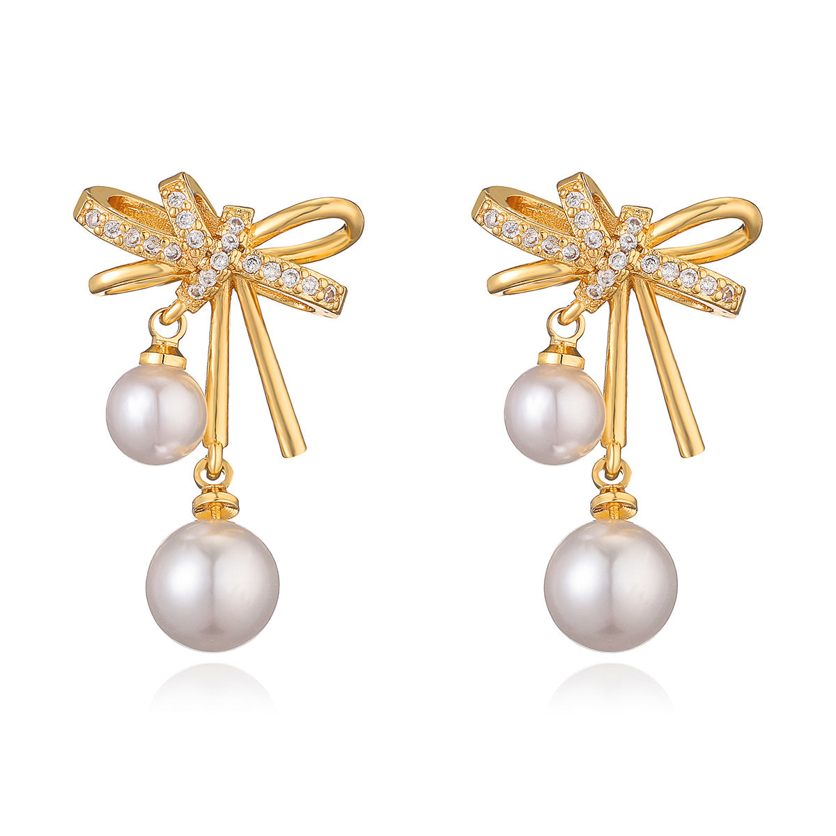 Sweet Bowknot Butterfly Earrings for Women with Copper Base Plated in Real Gold Micro-Paved Zirconia and Pearl Accents