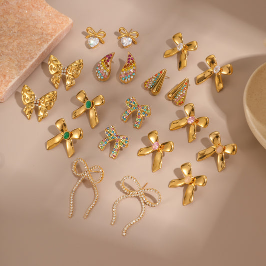 Fashion Bow-Shaped Stainless Steel Earrings with Zircon Inlay for Women, Electroplated Titanium Steel Studs
