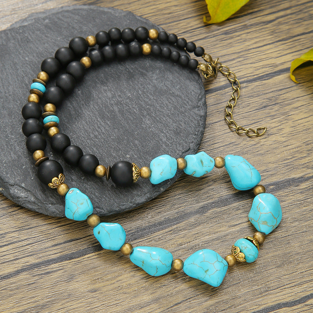 Punk Hip-hop Handmade Geometric Round Turquoise Stone Necklace for Unisex