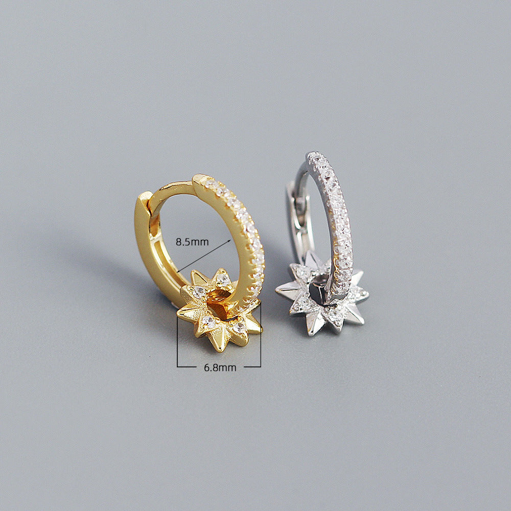 Elegant Minimalist 925 Sterling Silver Star Hoop Earrings with Rhinestone Inlay Rotating Design