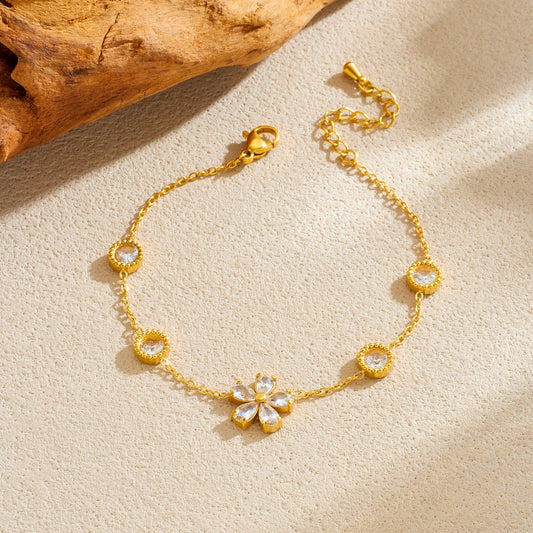 Minimalist Sweet Geometric Floral Rhinestone Inlay Gold Plated Stainless Steel Bracelet for Women