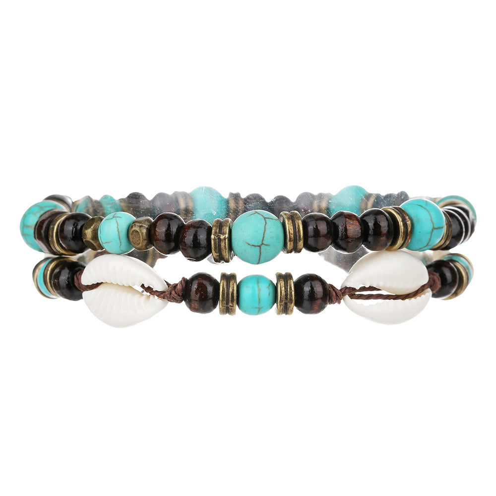 Bohemian Ethnic Geometric Wood Turquoise Beaded Adjustable Bracelet