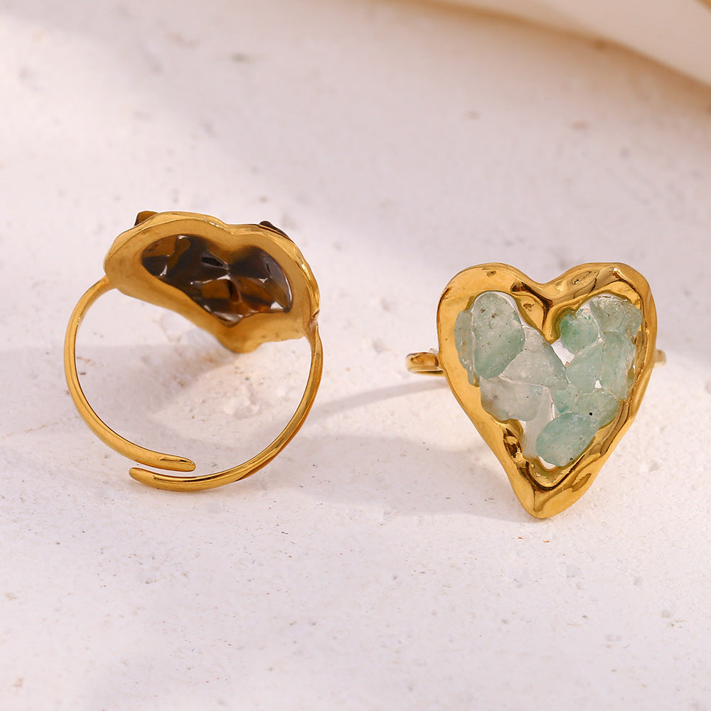 Vintage Fashion Heart-Shaped Stainless Steel Ring with 18K Gold Plating and Tiger Eye Stone Accents