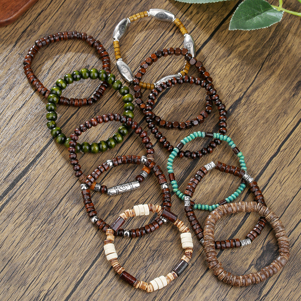 Vintage Hip-hop Round Wood Bead Alloy Multi-layer Stretch Bracelet Set