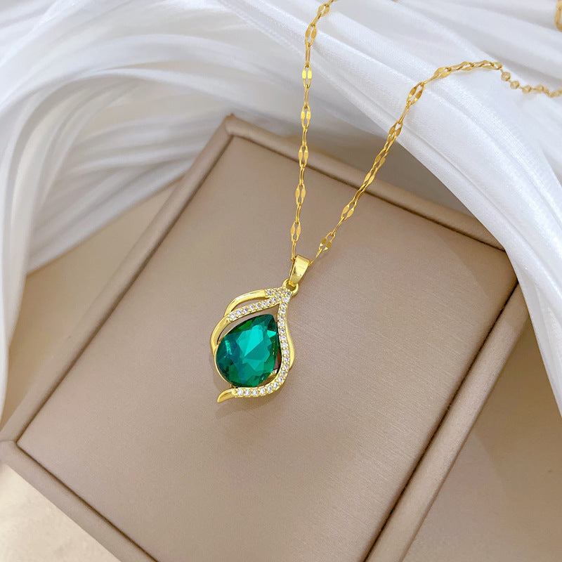 Sweet Geometric Moon Hollow Full Rhinestone Titanium Steel Necklace for Women