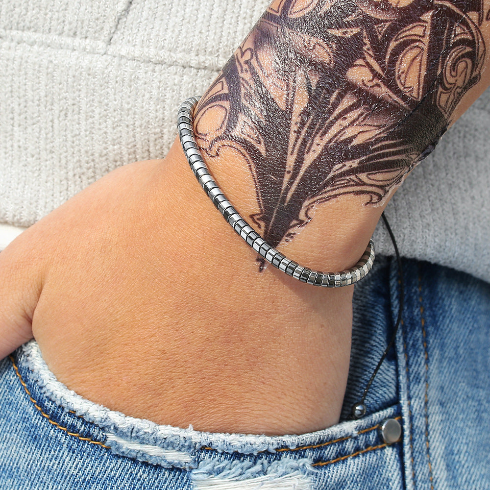 Unique Geometric Round Plated Hematite Handmade Adjustable Magnetic Bracelet for Men