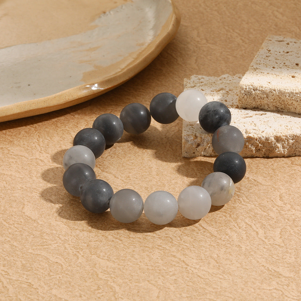 Vintage Matte Gray Crystal Beaded Bracelet Geometric Round Stone Hand Jewelry for Men and Women