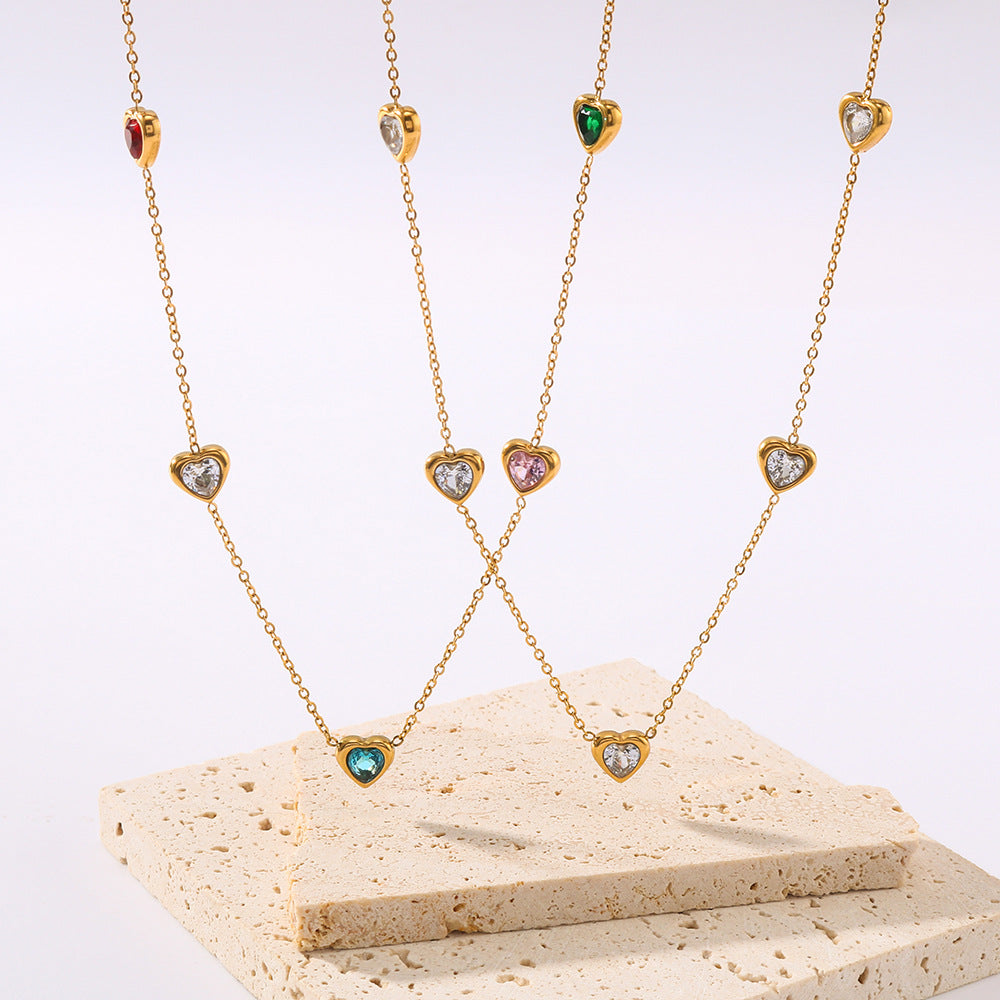 Minimalist Heart-Shaped Titanium Steel Necklace with 18K Gold Plating and Colorful Rhinestone Inlay on O-Chain