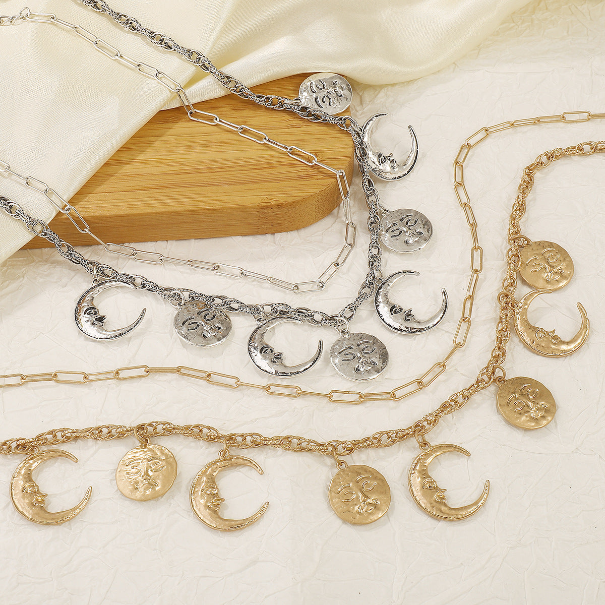 Retro Relief Sun and Moon Pendant Necklace for Women with Geometric Shape Alloy Chain in Electroplated Finish