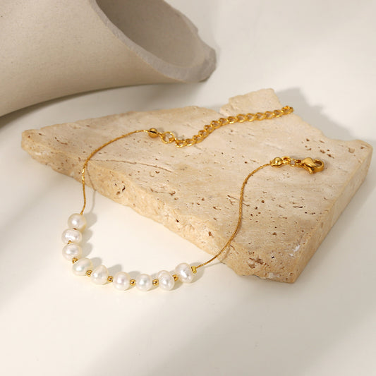 Bracciale in acciaio inossidabile con perle d'acqua dolce geometriche stile Ins, placcato oro PVD 18 carati, con catena a maglie, per donna