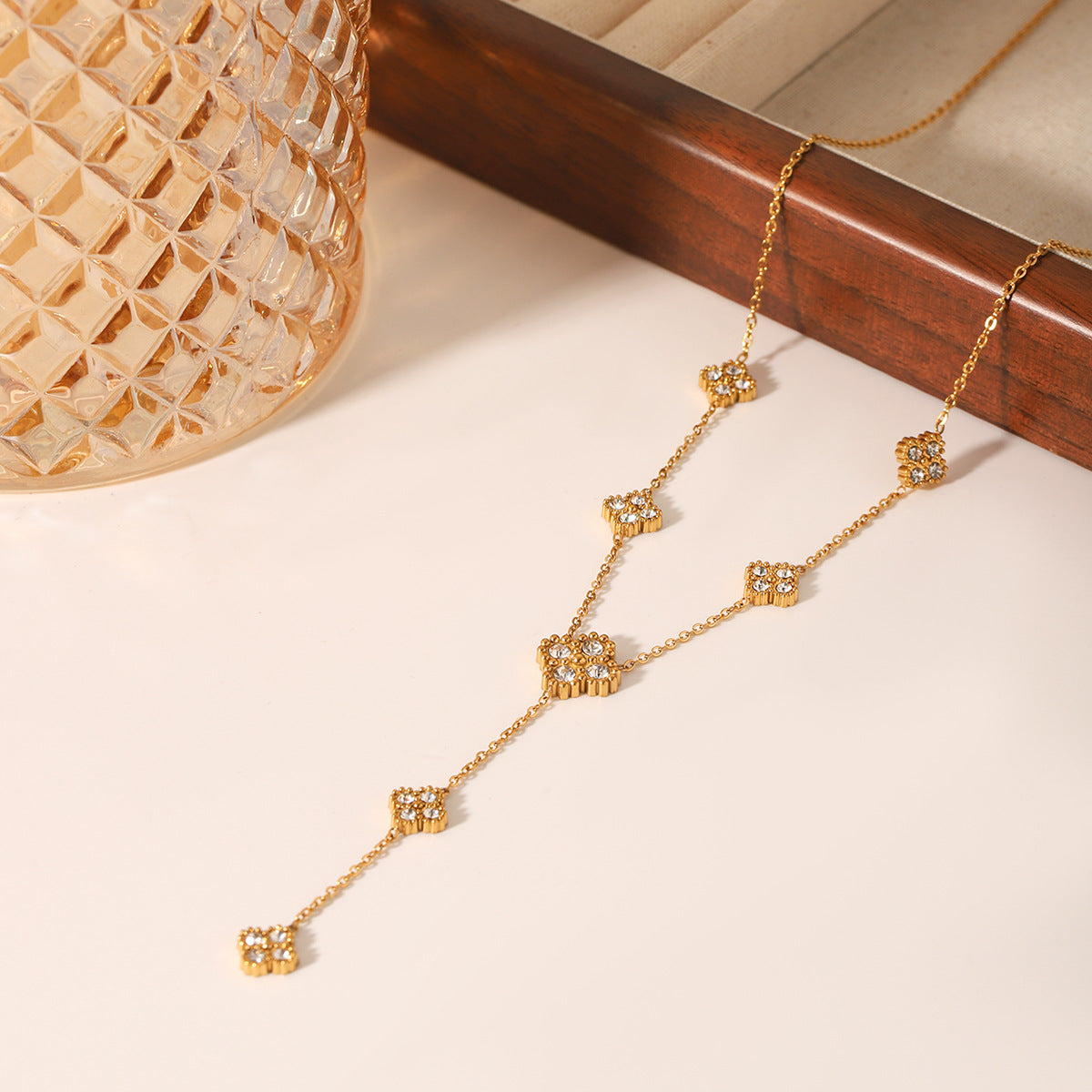 Minimalist 18K Gold Plated Stainless Steel Four-Leaf Clover Rhinestone Y-Necklace for Women