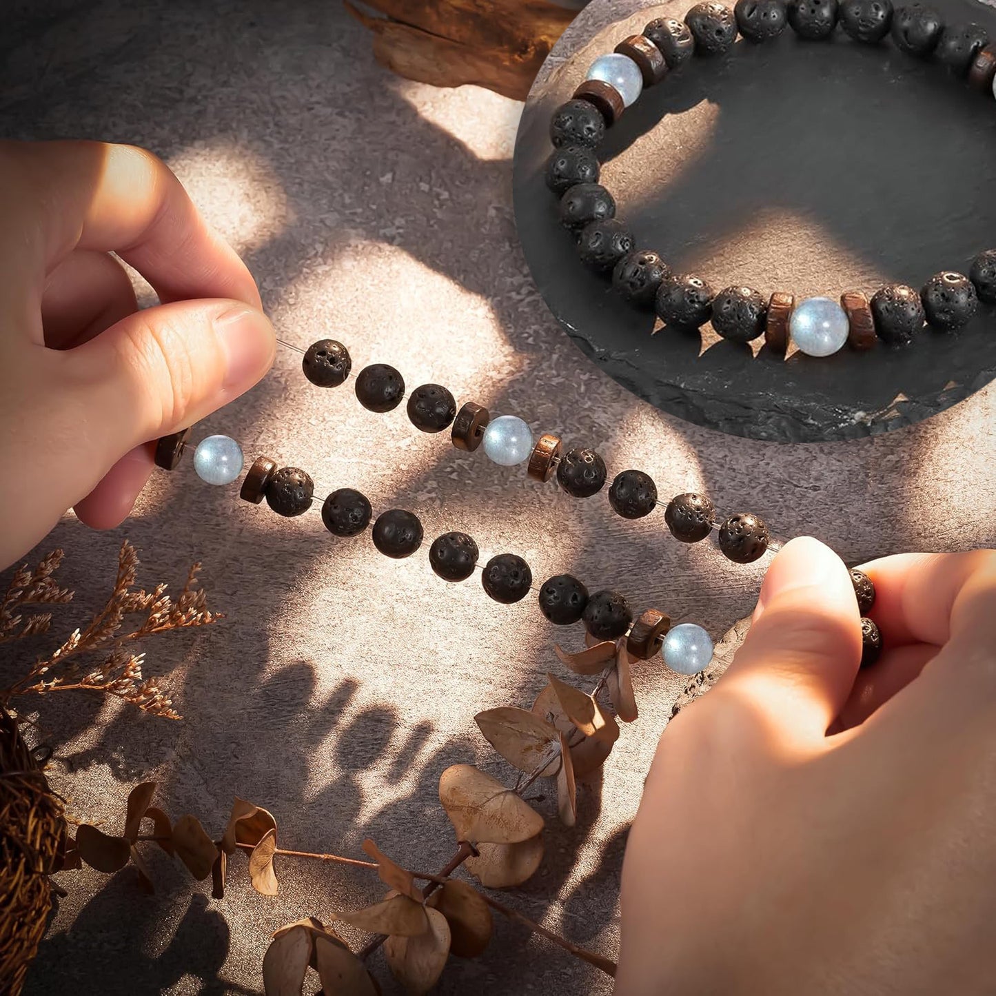 Sweet Geometric Black Volcanic Agate Moonstone Bracelet Unisex Elastic String Handmade Gift