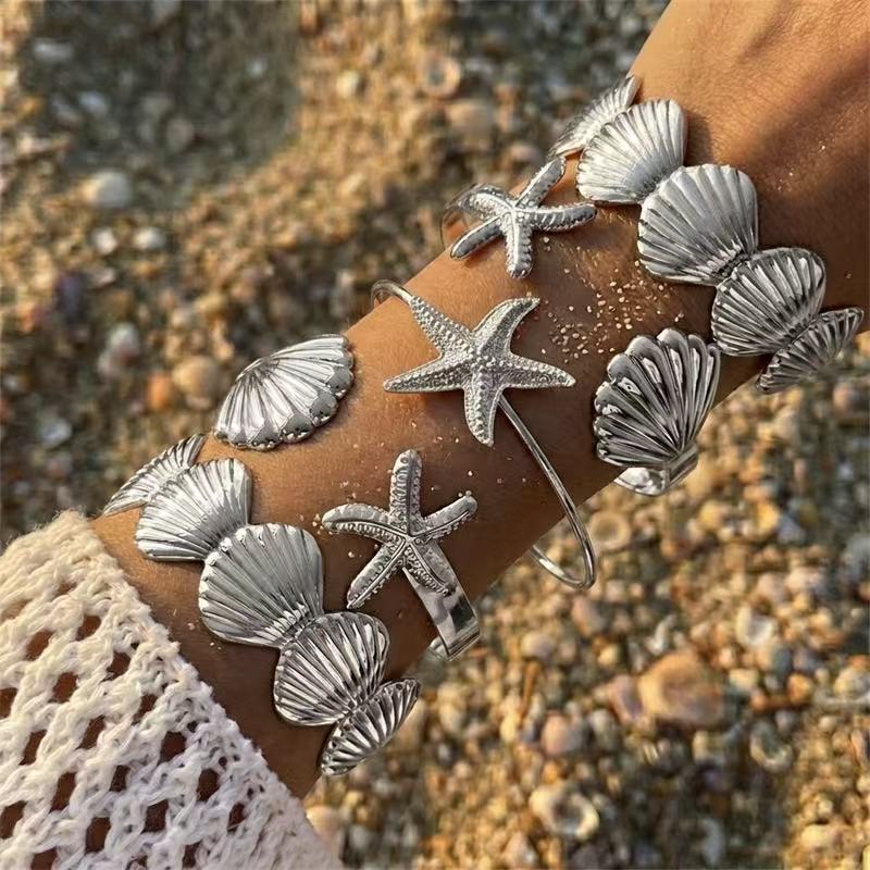 Gold Plated Alloy Geometric Starfish Shell Cuff Bracelet and Ring Set for Women