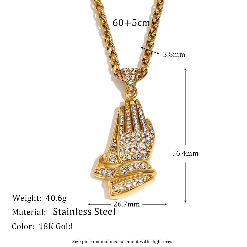 Vintage Hip Hop Geometric Stainless Steel Plated 18K Gold Palm Gesture Pendant Necklace for Men with Twisted Chain