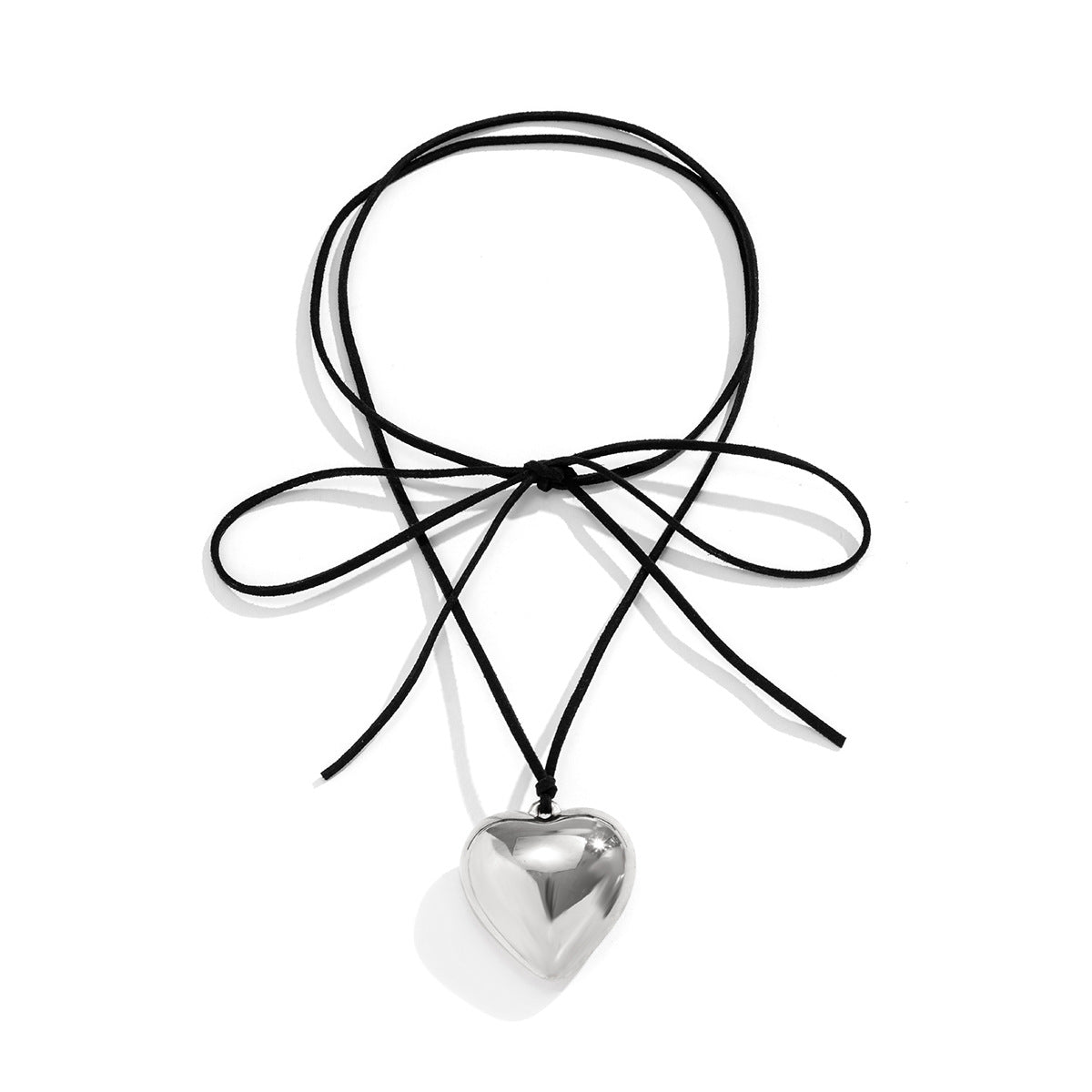 Sweet and Edgy Heart-Shaped Alloy Pendant Necklace with Plated Finish, Long Tassel Design on Velvet Wax Cord for Women