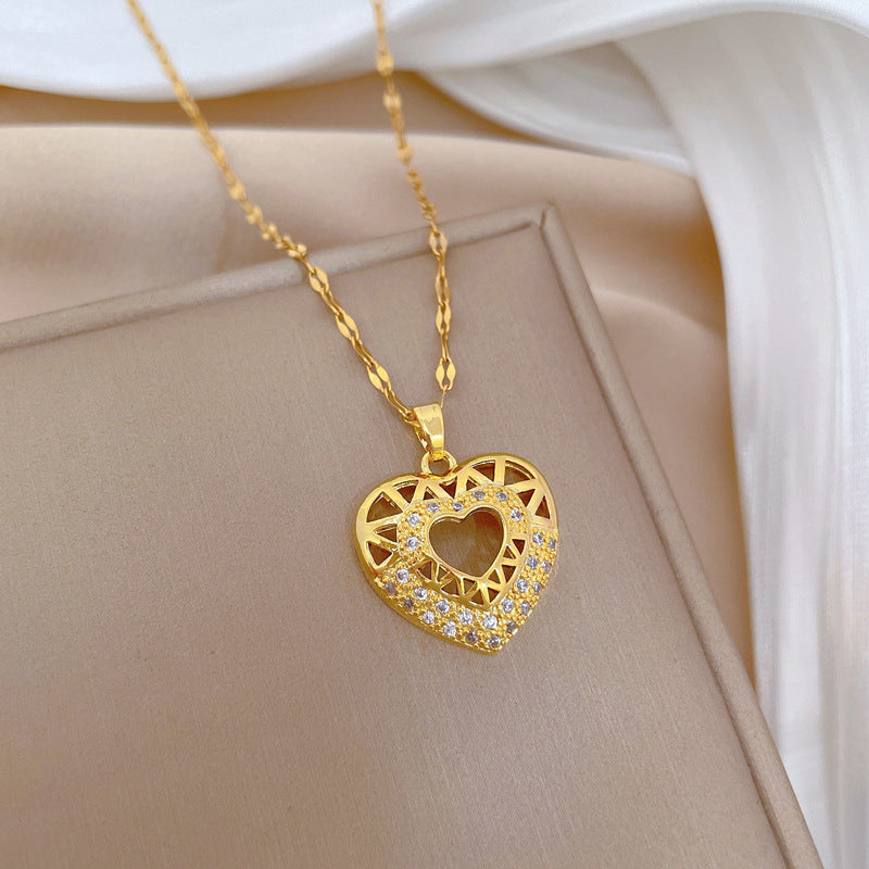 Minimalist Heart-Shaped Titanium Steel Necklace with Cubic Zirconia Inlay for Women and Men, Delicate Clavicle Chain