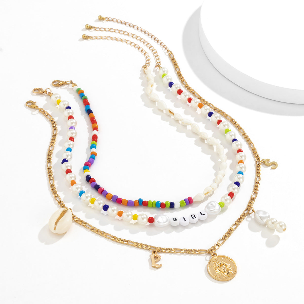 Vintage Bohemian Geometric Letter Imitation Pearl Shell Pendant Beaded Necklace for Women