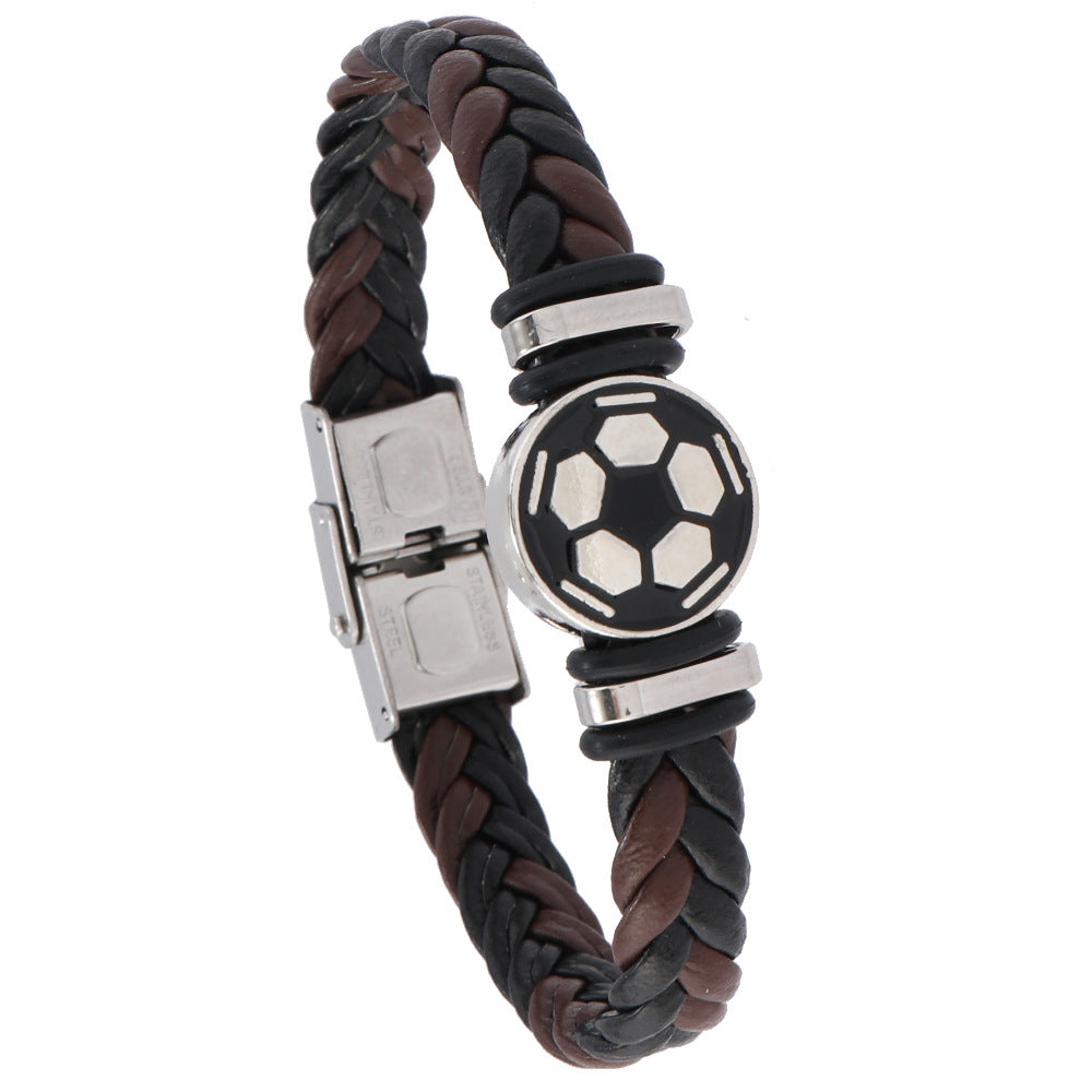 Pulsera unisex de cuero con diseño geométrico pulido y elemento luminoso de balón de fútbol