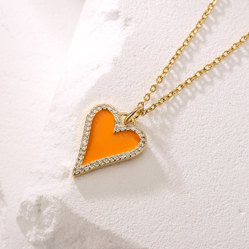 Minimalist Heart-Shaped Enamel Pendant Necklace for Women with Copper Base and Micro-Paved Zirconia