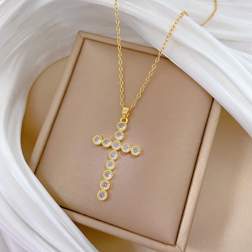 Sweet Minimalist Cross Geometric Rhinestone Plated Titanium Steel Necklace with Cable Chain for Unisex