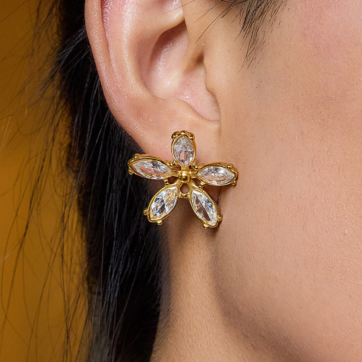 Orecchini a Perno da Donna in Acciaio Inossidabile Geometrici Floreali Minimalisti con Intarsio di Strass