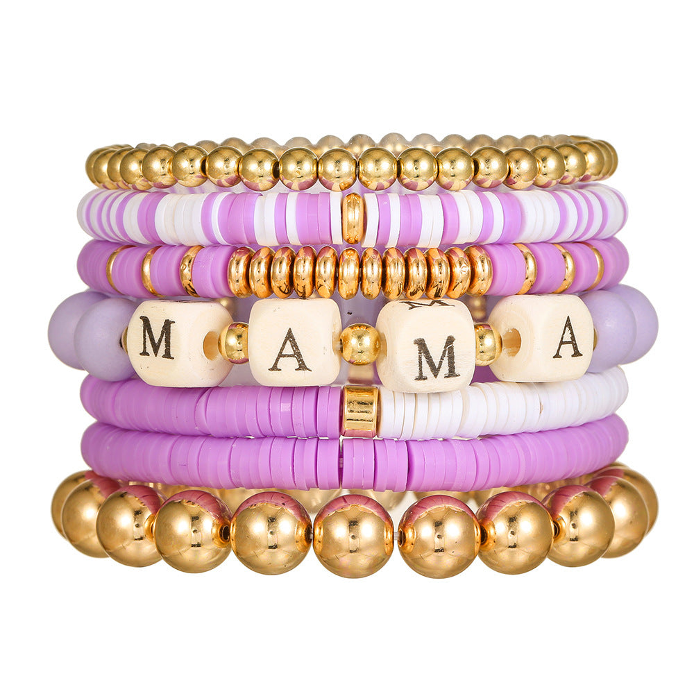Bohemian Wood Bead and Resin Letter Bracelet Set