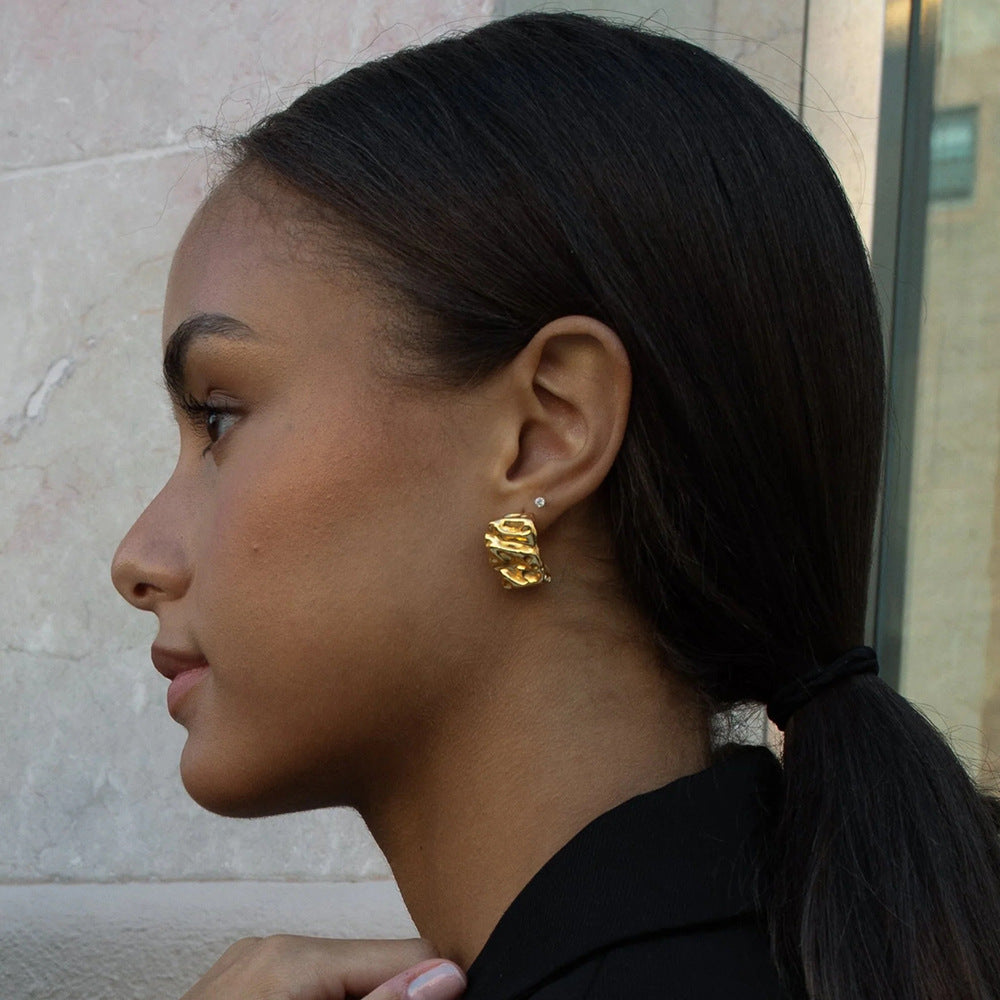 Vintage Geometric Stainless Steel Earrings with 18K Gold Plating for Women, Hypoallergenic Lava-Inspired Hoop Design