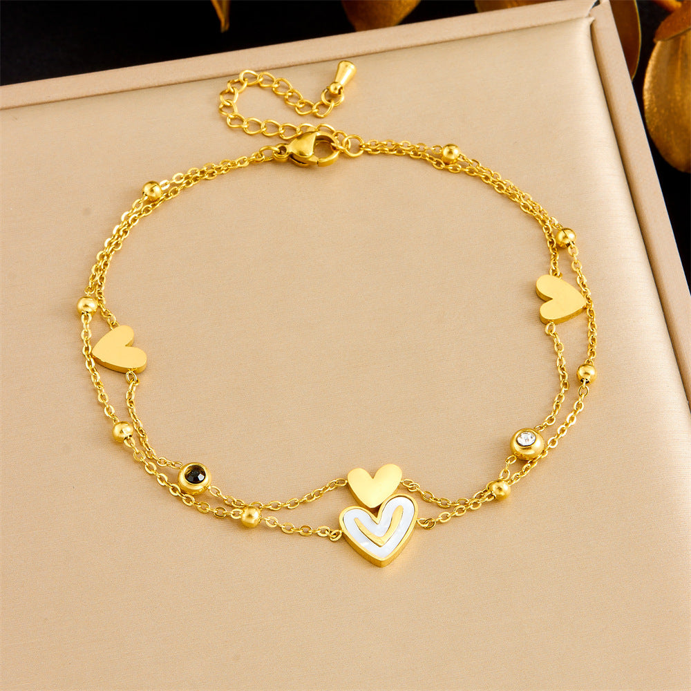 Fashion Heart Tree of Life Rhinestone Inlay Stainless Steel Double Layer Anklet for Women