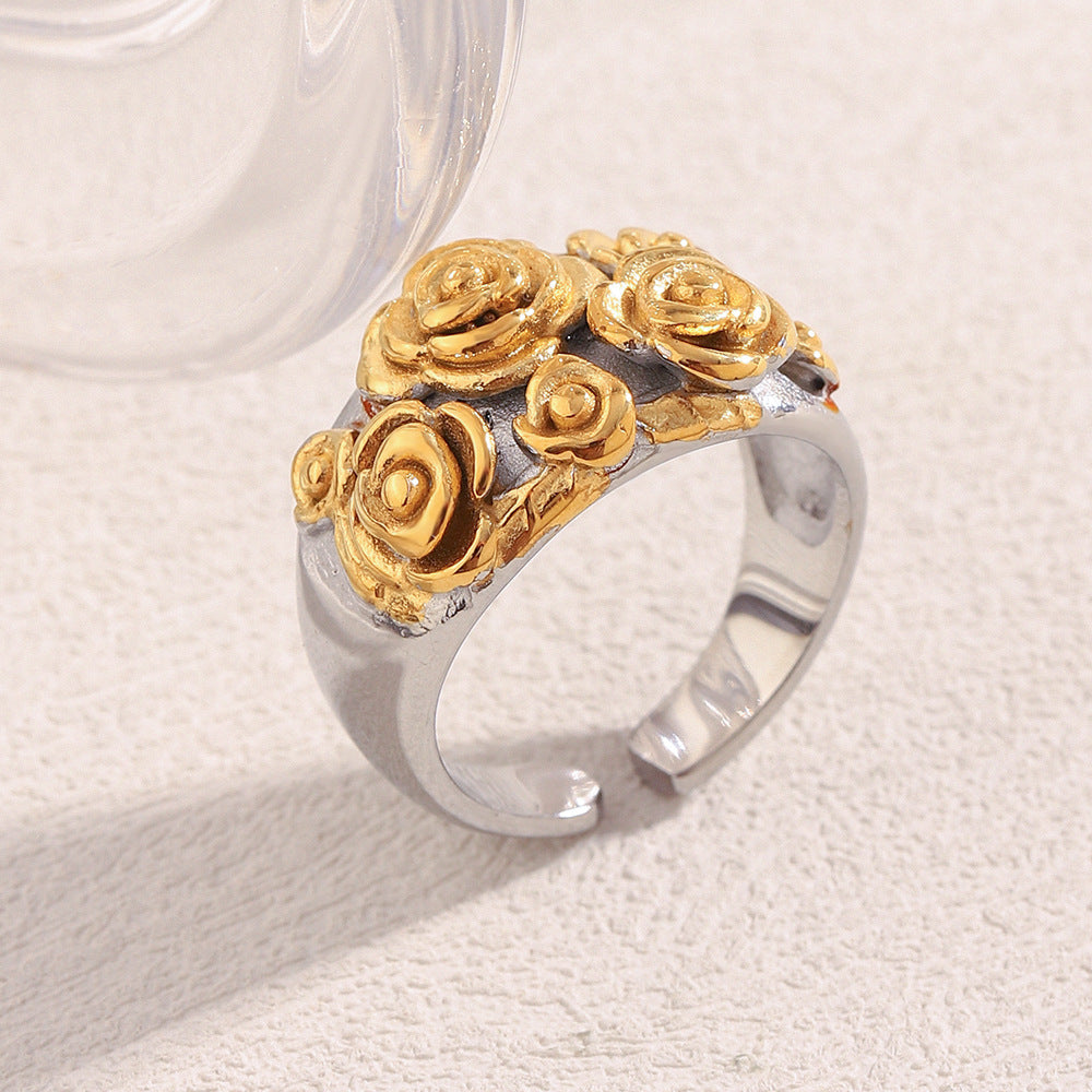 Anillo Abierto Floral de Estilo Francés Vintage de Acero Inoxidable con Baño de Oro de 18K para Mujer