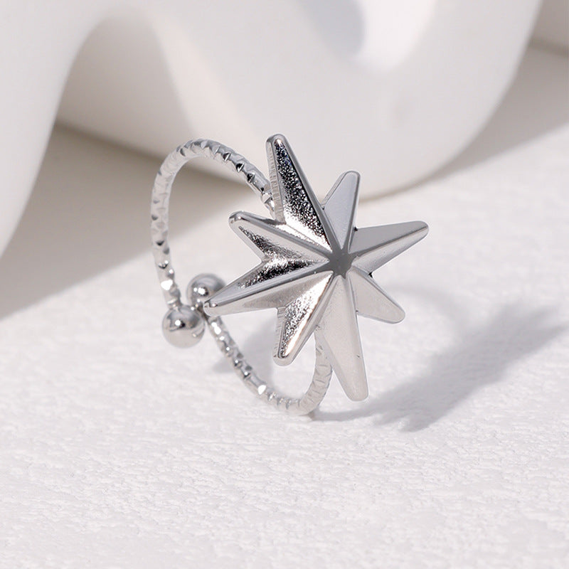 Anello Minimalista con Stella a Otto Punte in Acciaio Inossidabile da Donna con Finitura Placcata e Fascia Aperta Regolabile