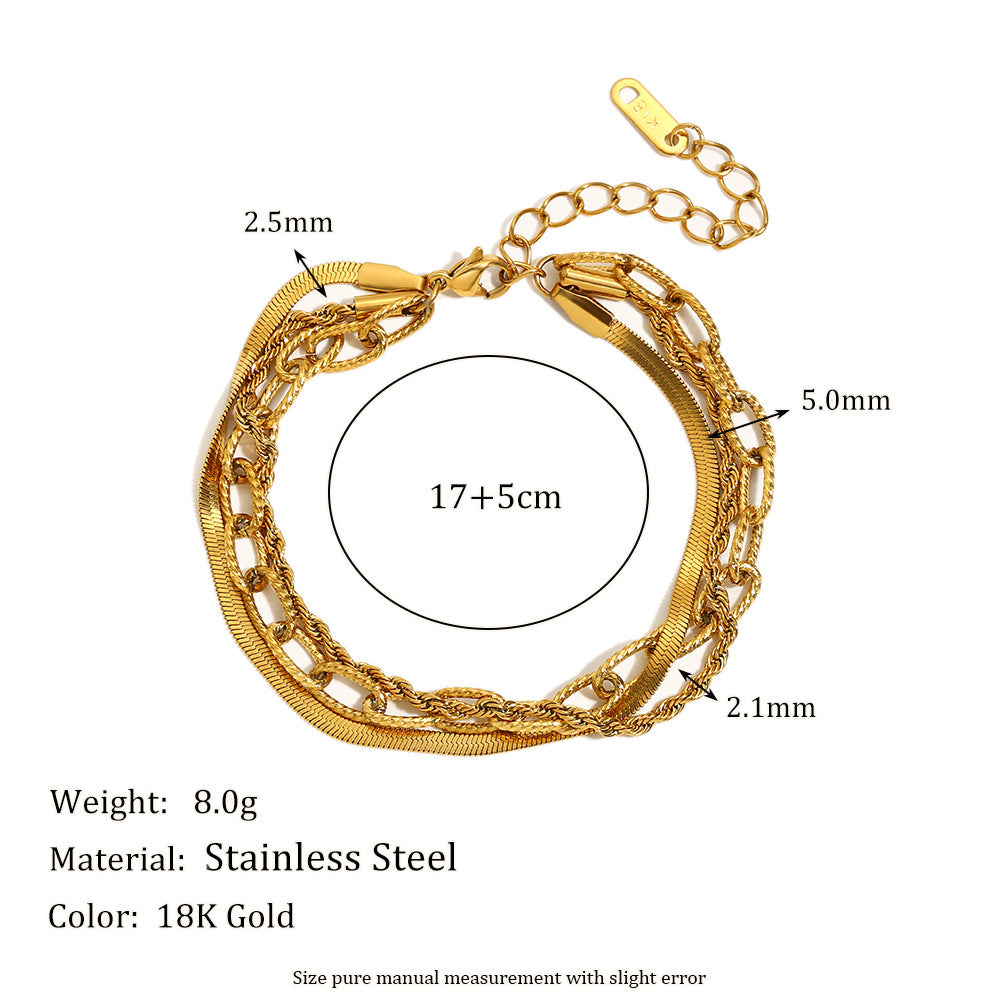 Fashionable Geometric Braided Paperclip Stainless Steel Plated 18K Gold Triple-Link Bracelet for Women