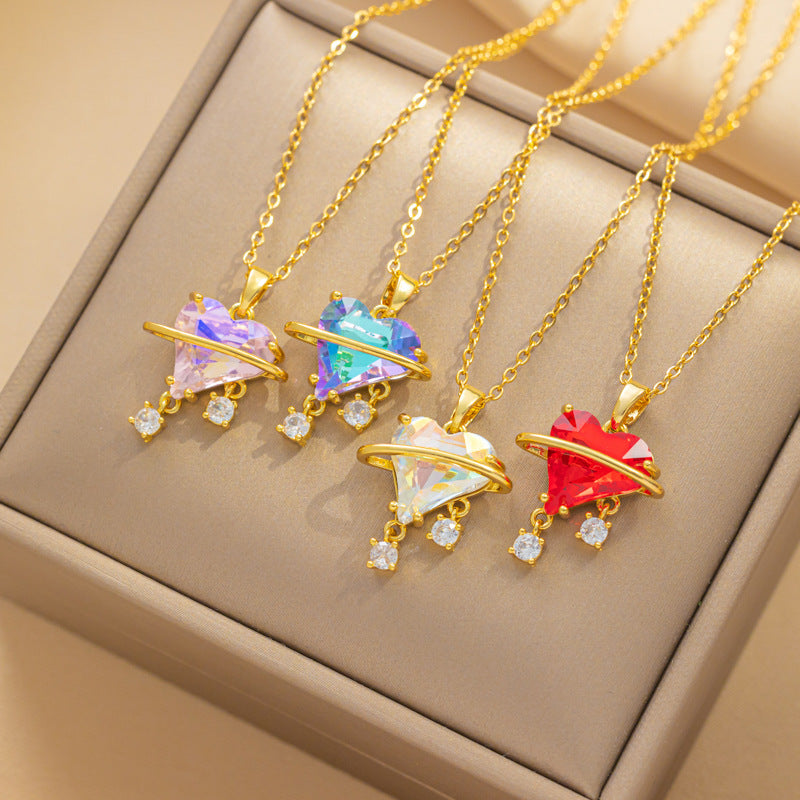 Sweet Heart-Shaped Titanium Steel Necklace for Women with Rhinestone Inlay and Plated Finish