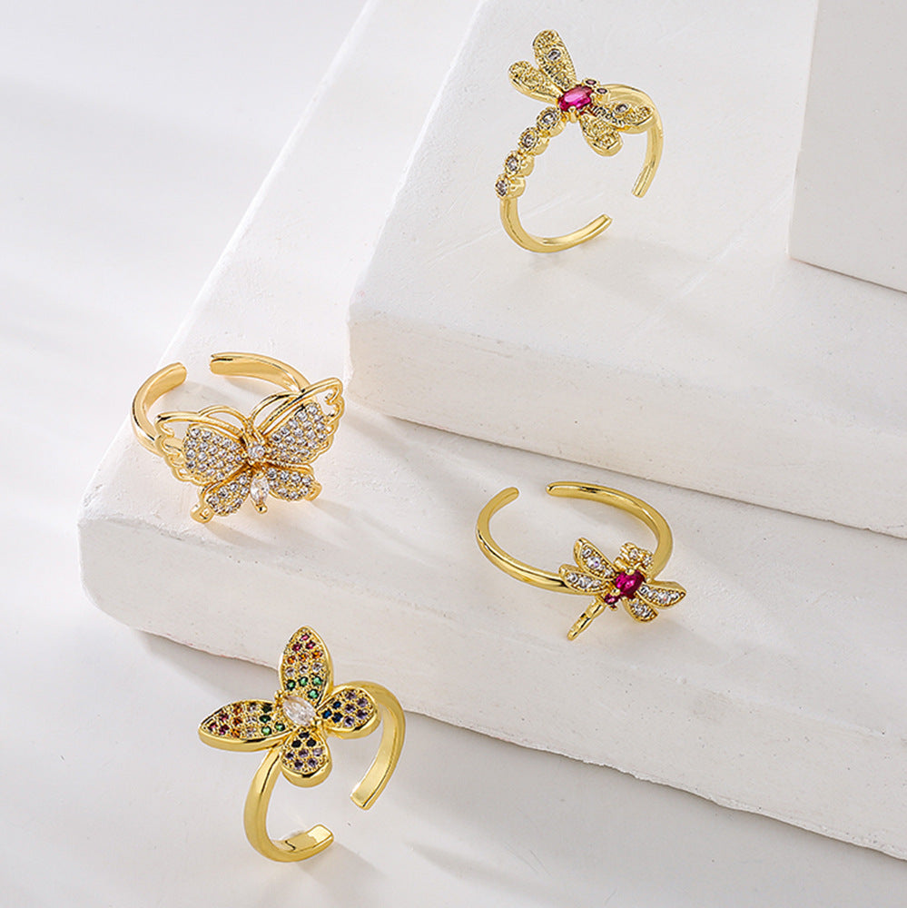 Minimalist Butterfly and Dragonfly Shaped Adjustable Copper Ring with Real Gold Plating and Zircon Inlay for Women