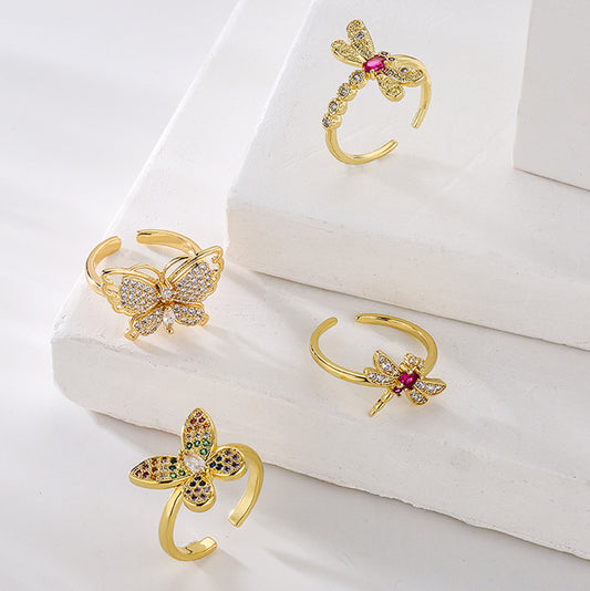 Minimalist Butterfly and Dragonfly Shaped Adjustable Copper Ring with Real Gold Plating and Zircon Inlay for Women