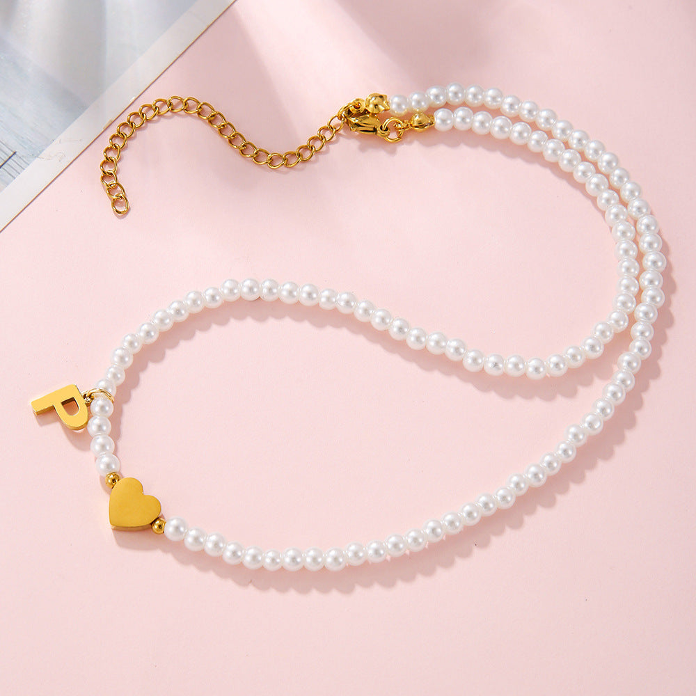 Minimalist Letter Heart Stainless Steel Pearl Necklace Women Cable Chain