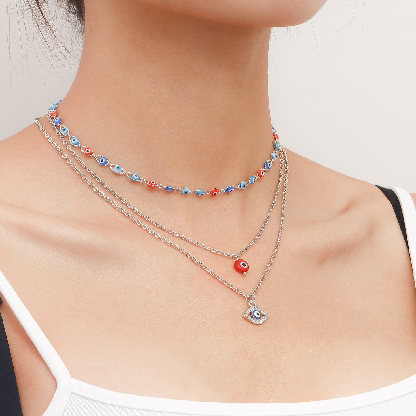 Fashionable Geometric Evil Eye Pendant Necklace for Women Alloy Plated Lightweight Luxury Layered Necklace