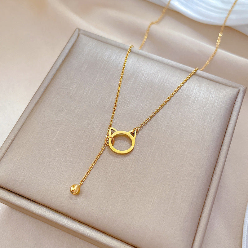 Minimalist Cat Pendant Titanium Steel Necklace with Tassel Detail for Women and Men, Geometric Shape, Gold-Plated Finish, Clavicle Chain