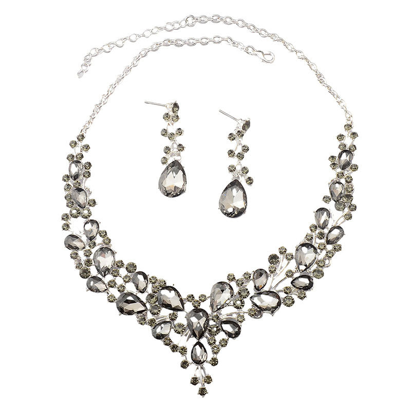 Vintage Baroque Floral Alloy Rhinestone Plated Necklace and Earring Set for Women Wedding Party
