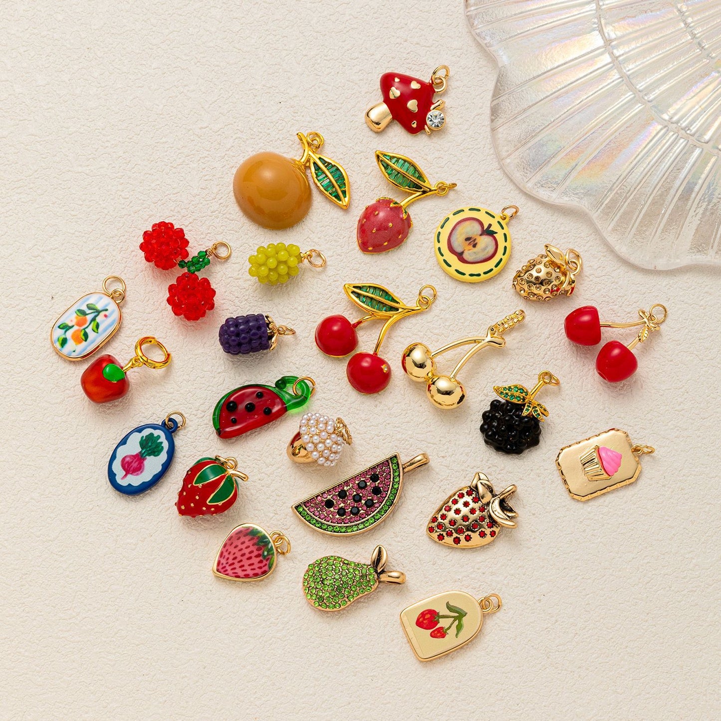 Sweet Brass Fruit Pendant Necklace with Cherry, Pineapple, Orange, Strawberry and Pear Charms