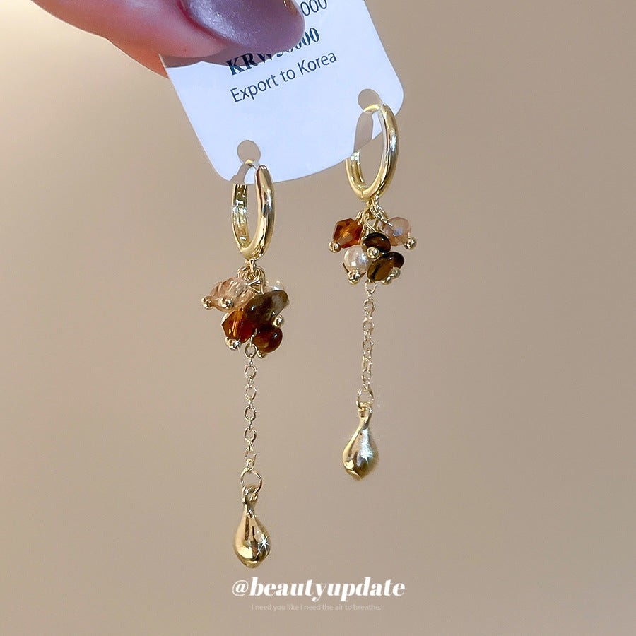Pendientes Maillard con borla y perla, forma geométrica y postes de acero chapado en oro para mujer